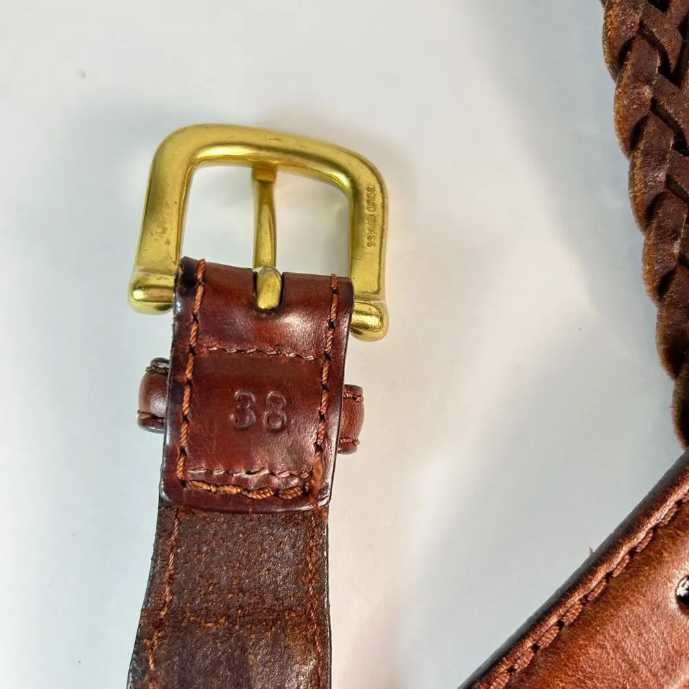 Men's Brown Leather Braided Woven Solid Brass Buckle Vintage Belt Size 38